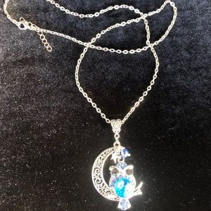 Playful silver and blue rhinestone owl necklace